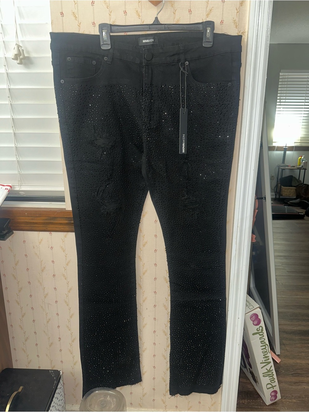 NOVA MEN Black Rhinestone Bling Stacked Skinny Flare Jeans Size 38 NWT